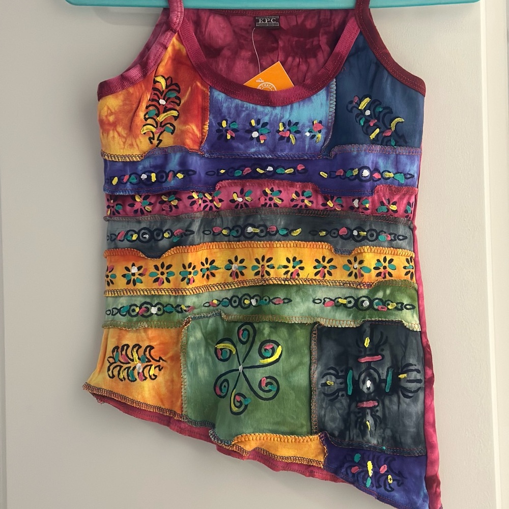 KPC Nepal Boho Tie-Dye Patchwork Tank Top - Asymmetrical - NWT - Size Small